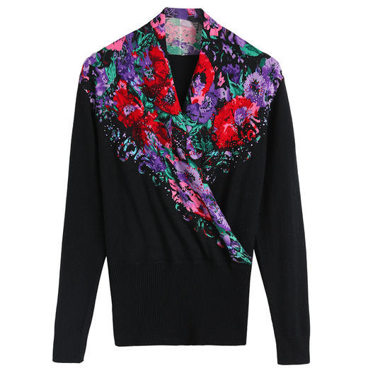 FCY-SF1126新款时尚优雅气质V领长袖针织印花打底衫 商品图4