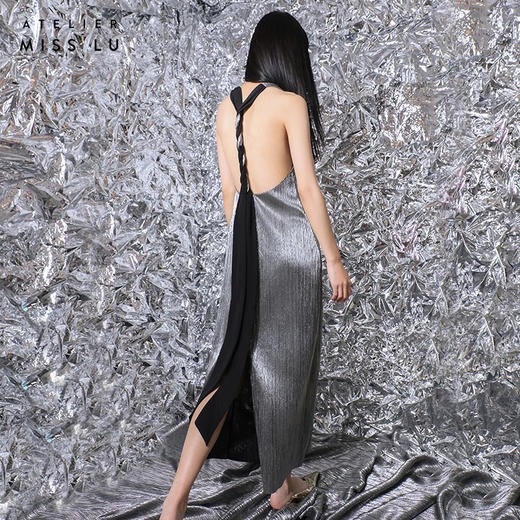 【星烁银河】露背交织飘带金属感开衩长款连衣裙/0000781A 商品图3