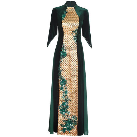 DLQ-A3137新款高端优雅气质修身立领七分袖长款丝绒绣花礼服裙 商品图1