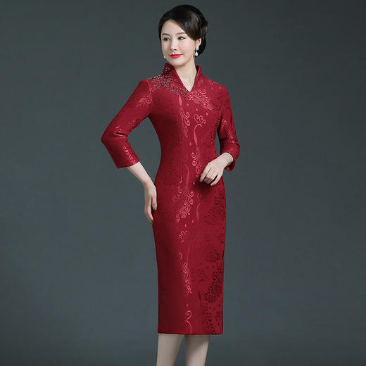 上海旗袍厂WD-WZ340长袖妈妈礼服酒红色喜婆婆婚庆服2021年新款加绒加厚冬季旗袍裙冬 商品图2