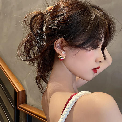 新年耳环女酒红色车厘子耳钉樱桃镶钻银针耳饰品 商品图2