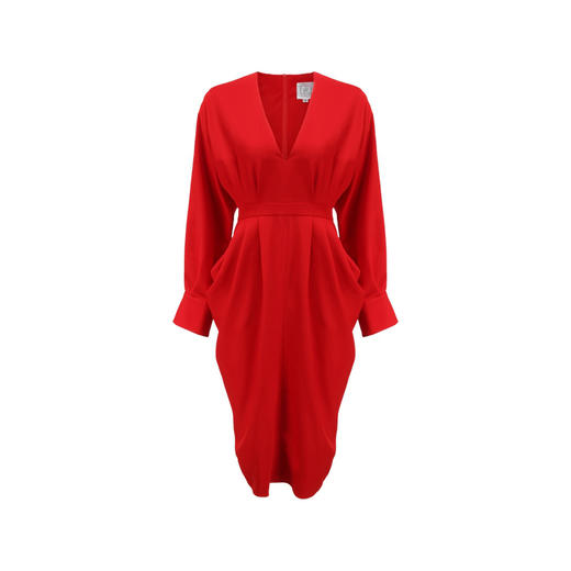 【沦陷】立裁垂褶V领收腰长袖连衣裙/0000749R 商品图4