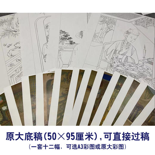佚名工笔传统仕女人物画白描底稿正题书堂深居图一套十二幅册页尺寸50*95厘米MT21 商品图2