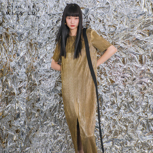 【一千零一夜】蝴蝶结飘带设计金属感开衩H形长款连衣裙/0000780 商品图3