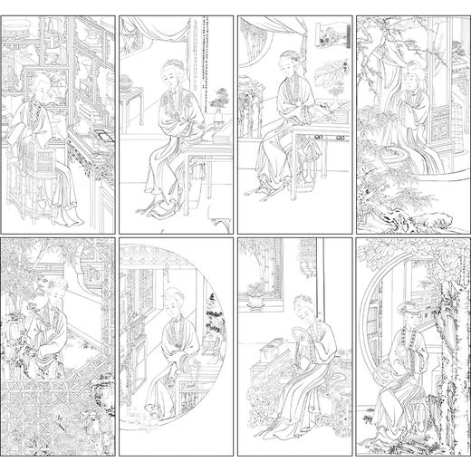 佚名工笔传统仕女人物画白描底稿正题书堂深居图一套十二幅册页尺寸50*95厘米MT21 商品图1