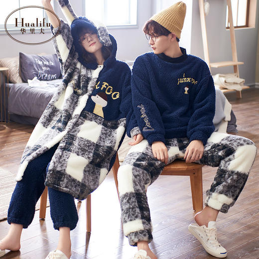 珊瑚绒情侣睡衣女秋冬新款可爱韩版加厚加绒高档男士家居服可外穿 商品图0