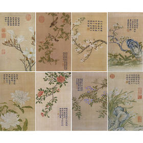 弘历工笔花鸟画白描底稿缂丝御制诗花卉册小品一套八幅册页尺寸30*50厘米MT09