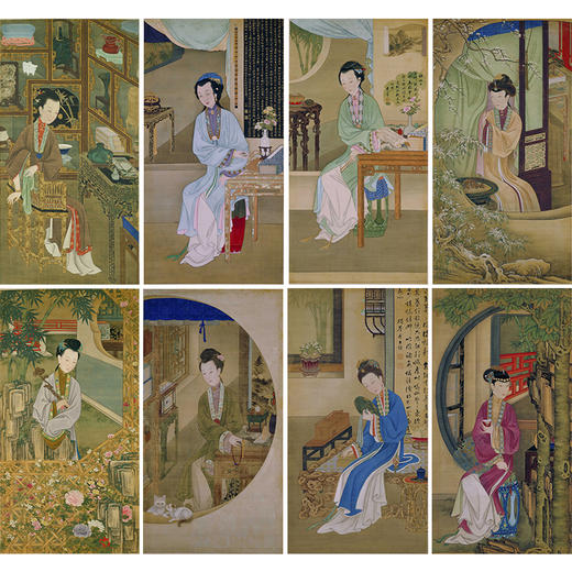 佚名工笔传统仕女人物画白描底稿正题书堂深居图一套十二幅册页尺寸50*95厘米MT21 商品图0