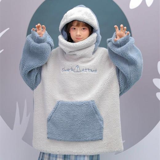 网红新款自闭鲨鱼羊羔绒卫衣男女学生情侣装宽松休闲大码居家沙雕 商品图9
