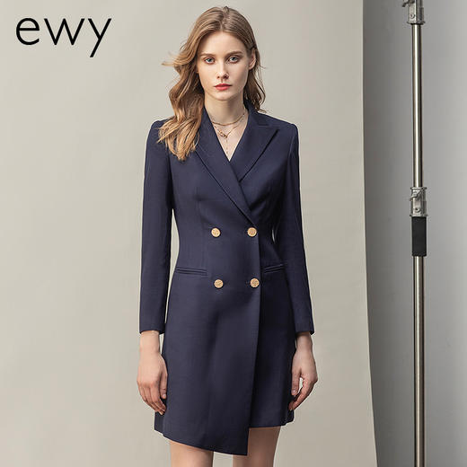 藏青色职业装连衣裙女修身双排扣长袖风衣式西装裙OL套装 商品图2