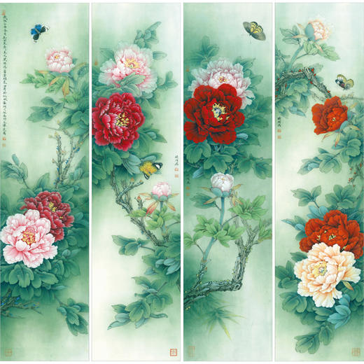 【四条屏】李晓明工笔花鸟画白描稿牡丹《富贵蝶来》临摹勾线花鸟线稿KA29 商品图0