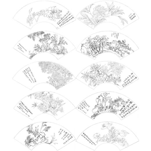 恽寿平工笔花鸟画白描底稿牡丹竹树扇面小品一套十幅册页初学者尺寸55*26厘米SP91 商品图4