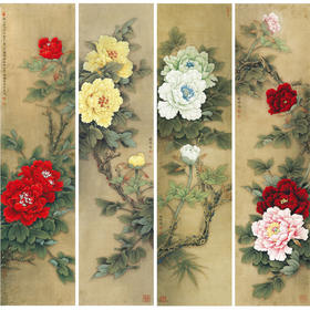 【四条屏】李晓明工笔画白描稿《福禄喜寿》牡丹临摹勾线花鸟线稿KA28