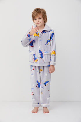 天空之城-AIMER KIDS-恐龙赛跑法兰绒厚开衫长袖家居服亲子外穿睡衣裤