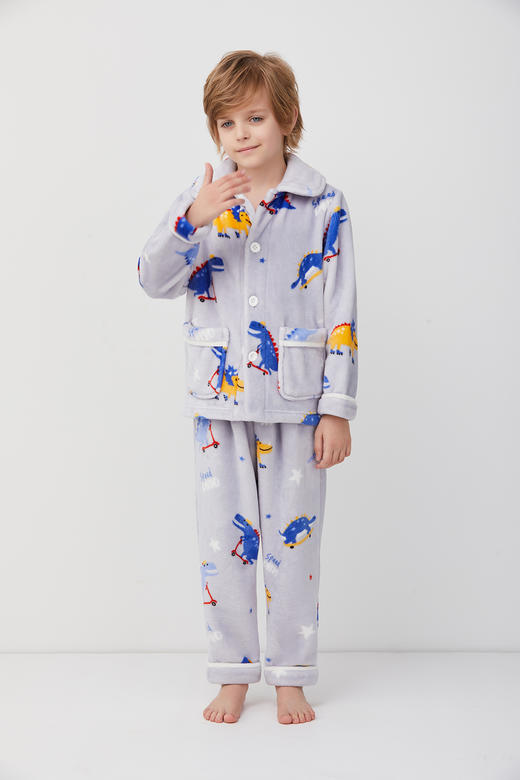 天空之城-AIMER KIDS-恐龙赛跑法兰绒厚开衫长袖家居服亲子外穿睡衣裤 商品图0