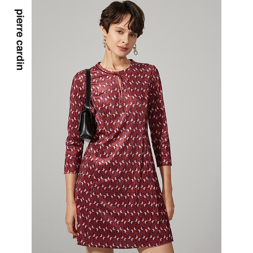 皮尔卡丹女装冬季新款红色圆领系带波点连衣裙A字裙P94DL25R3
 商品图0