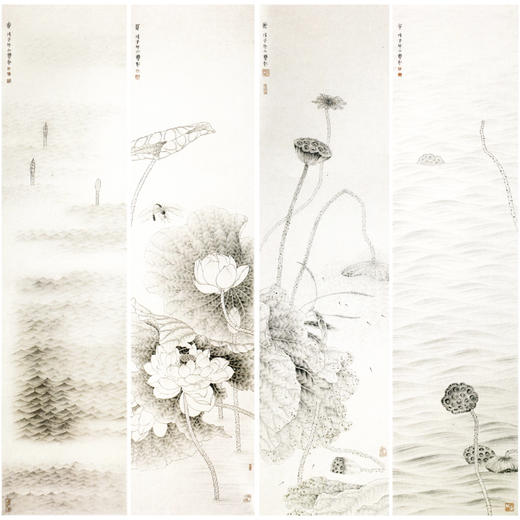 【四条屏】工笔画白描底稿荷花春夏秋冬临摹勾线花鸟线稿TP02 商品图0