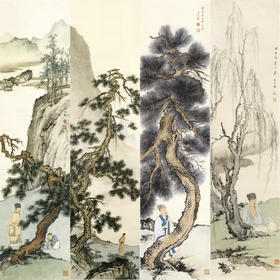 【四条屏】孙天牧工笔画白描底稿山水人物图临摹勾线高清打印稿ST45