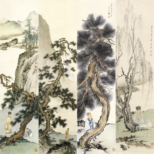 【四条屏】孙天牧工笔画白描底稿山水人物图临摹勾线高清打印稿ST45 商品图0