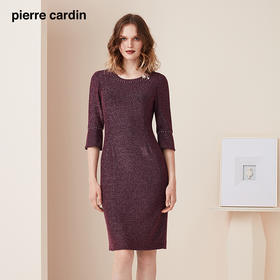 皮尔卡丹女装秋季新款一步裙紫色九分袖圆领连衣裙P93DL20Z0
