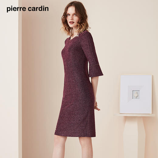 皮尔卡丹女装秋季新款一步裙紫色九分袖圆领连衣裙P93DL20Z0
 商品图2