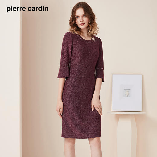 皮尔卡丹女装秋季新款一步裙紫色九分袖圆领连衣裙P93DL20Z0
 商品图3