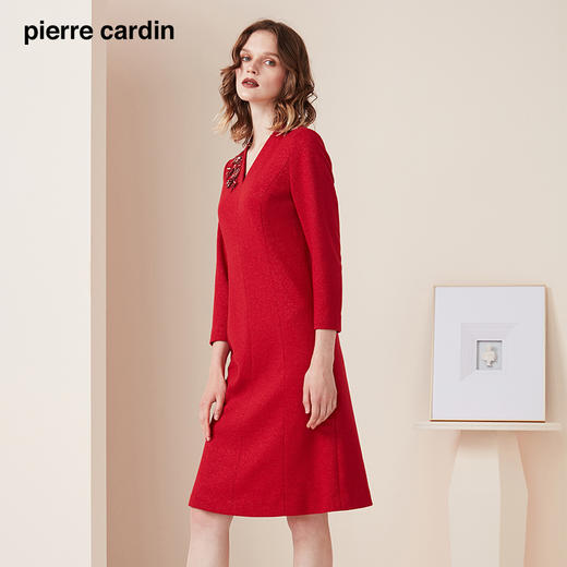 皮尔卡丹女装冬季新款红色V领长袖喜庆连衣裙时尚裙P94DL05R0
 商品图2