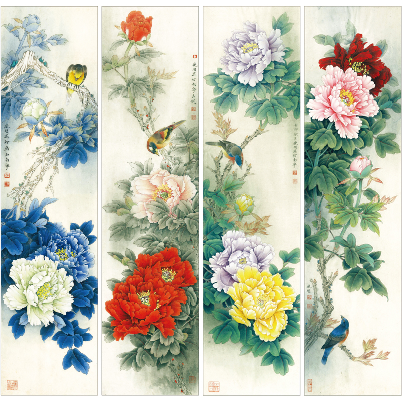 【四条屏】李晓明工笔花鸟画白描底稿《国色天香》牡丹临摹勾线花鸟线稿KA30