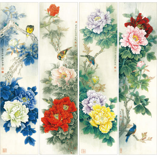 【四条屏】李晓明工笔花鸟画白描底稿《国色天香》牡丹临摹勾线花鸟线稿KA30 商品图0