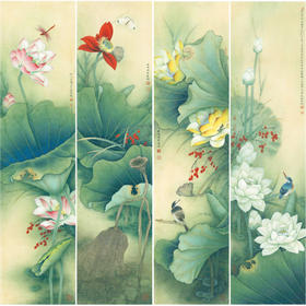 【四条屏】李晓明工笔画白描底稿荷花临摹勾线花鸟线稿选KA33