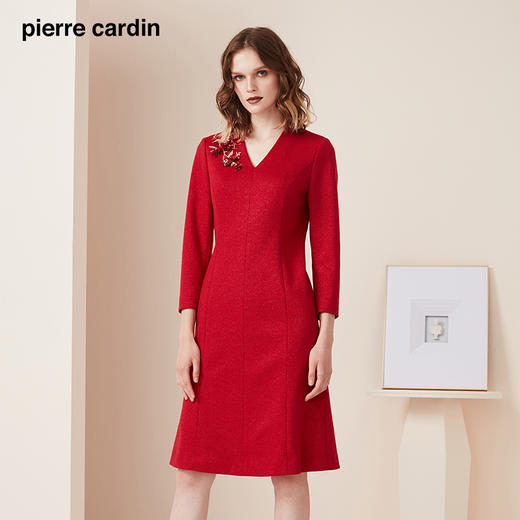 皮尔卡丹女装冬季新款红色V领长袖喜庆连衣裙时尚裙P94DL05R0
 商品图1