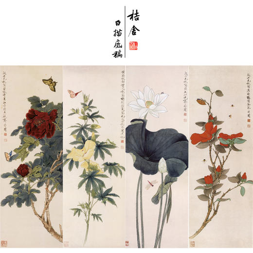 【四条屏】于非闇工笔画白描底稿《四季花鸟图》荷花牡丹临摹勾线花鸟线稿YF90 商品图0