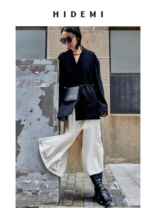 HIDEMI 白色羊毛厚款前开衩半身裙 商品图8