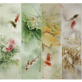 【四条屏】龚雪青工笔画白描底稿荷花鲤鱼图临摹勾线花鸟线稿XQ69