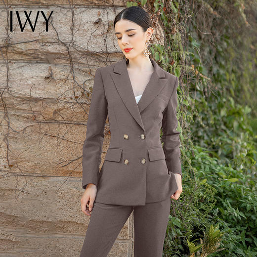 IWY/咖色高端职场工作服女西服主持人正装英伦风双排扣西装套装女	C1344-K+P945 商品图1