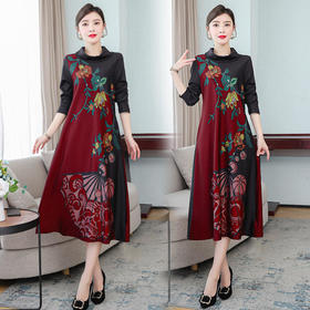 XYX5539 中年妈妈印花连衣裙2021秋冬新款女装端庄气质阔太太半高领子长裙