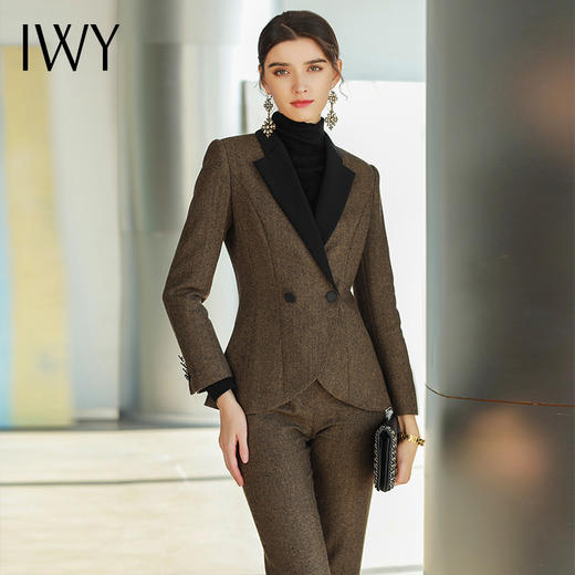 IWY/加厚毛呢西服套装棕色高级感女总裁正装女秋冬时尚拼色职业装	CP1461 商品图0