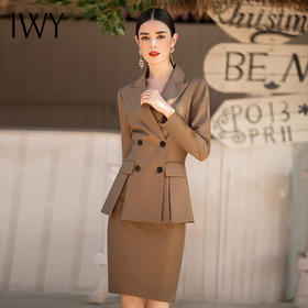 IWY/咖色职业套装裙工作服女气质秋装设计感西服外套时尚面试正装	CS1339