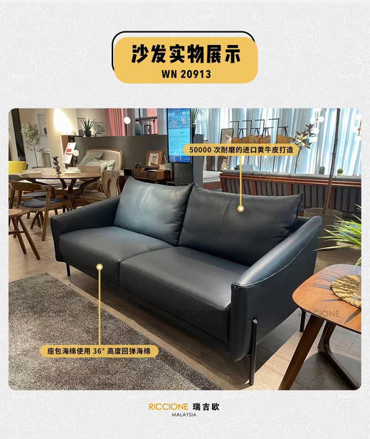 瑞吉欧三人位真皮沙发  ME 20913（家具订制周期35-40天,无现货），头层黄牛皮，3人位沙发，蓝珐琅 商品图1