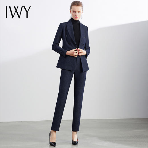 IWY/秋冬羊毛加厚西装套装女藏蓝色人字纹干练高端商务职业ol正装 CP1154-ZL 商品图2