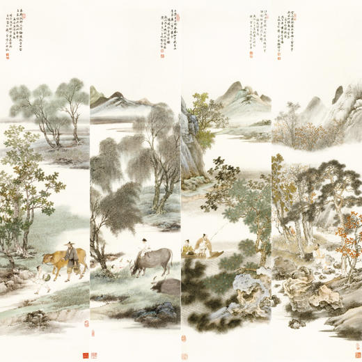 【四条屏】李子牧工笔画白描底稿山水人物图《农牧渔樵》临摹勾线高清打印稿TP40 商品图0