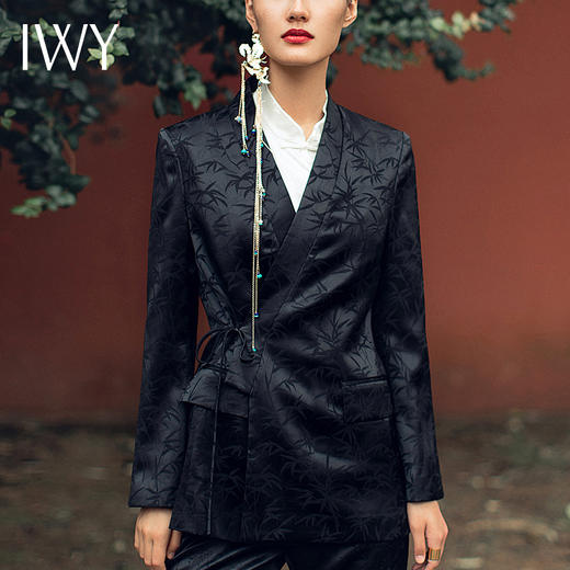 IWY/国风职业时尚西装套装复古V领系带中式竹纹提花女装213224C1+P3 商品图4