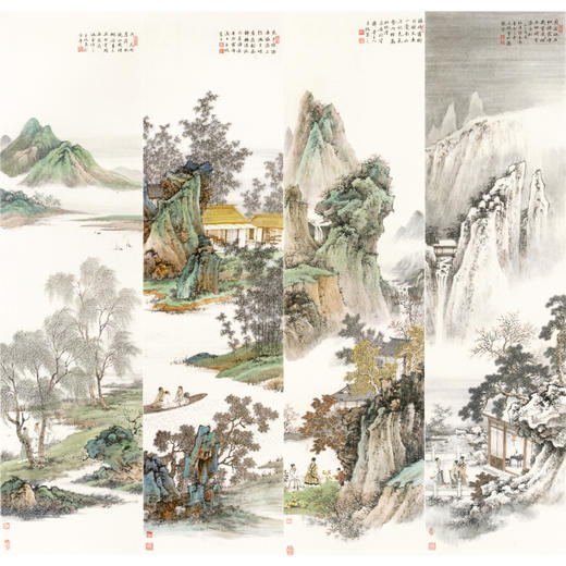 【四条屏】李子牧工笔画白描底稿山水人物图《春夏秋冬》临摹勾线高清打印稿TP41 商品图0