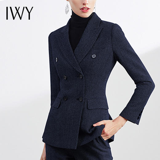 IWY/秋冬羊毛加厚西装套装女藏蓝色人字纹干练高端商务职业ol正装 CP1154-ZL 商品图4