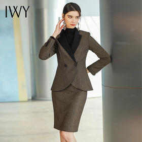 IWY/加厚棕色羊毛呢职业套装裙工服女高级气质设计感西服外套时尚正装	CS1461