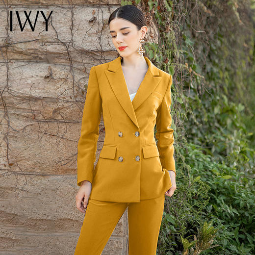 IWY/厚款西装黄色干练气质职业装套装女秋冬新款加厚呢子西服套裤	C1344-Y+P729 商品图1