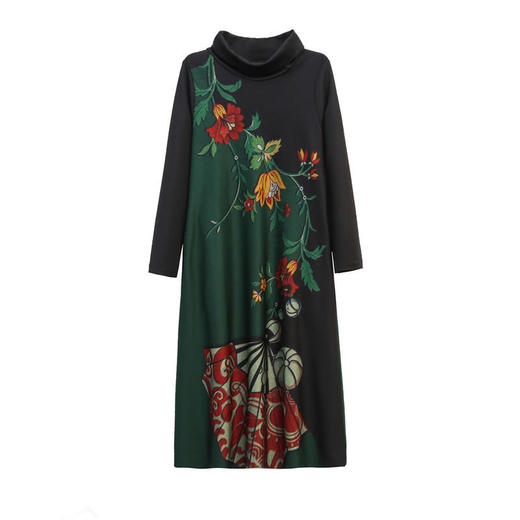 XYX5539 中年妈妈印花连衣裙2021秋冬新款女装端庄气质阔太太半高领子长裙 商品图4