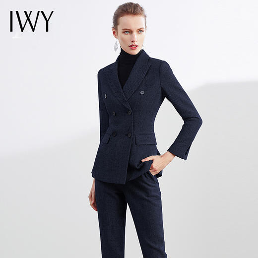 IWY/秋冬羊毛加厚西装套装女藏蓝色人字纹干练高端商务职业ol正装 CP1154-ZL 商品图1