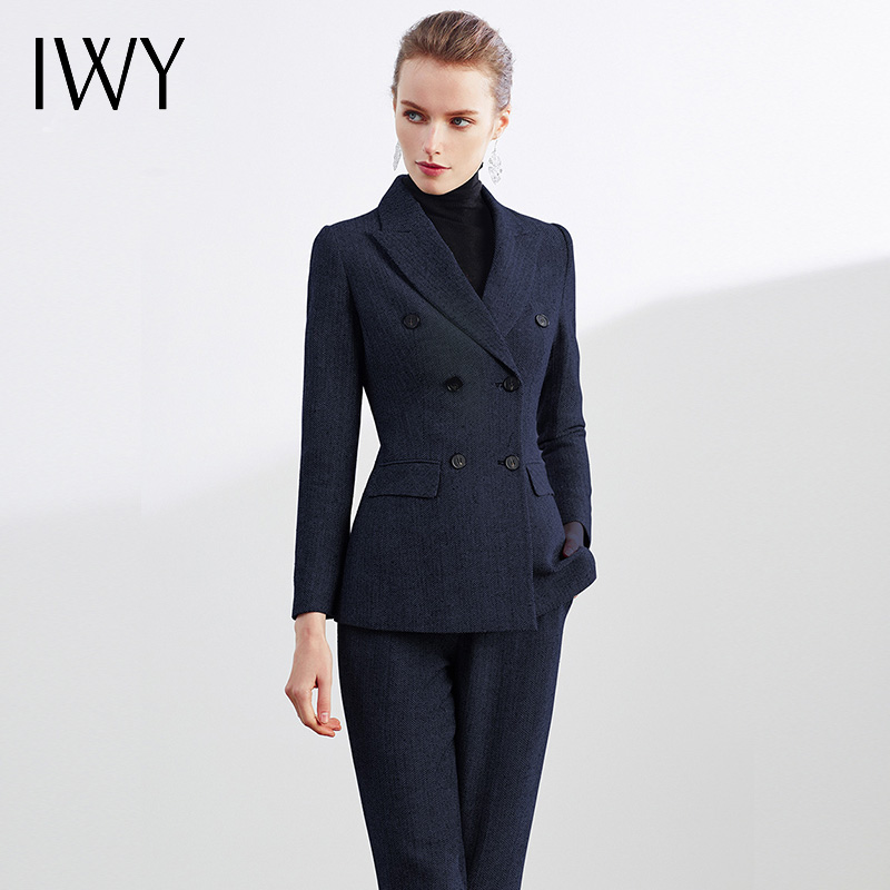 IWY/秋冬羊毛加厚西装套装女藏蓝色人字纹干练高端商务职业ol正装 CP1154-ZL