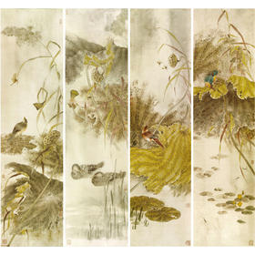 【四条屏】工笔画白描底稿荷花临摹勾线花鸟线稿TP08